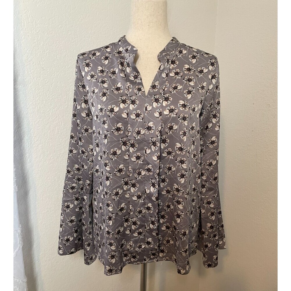 Banana Republic Women Gray Floral Long Sleeve Blouse Size Small Office Career